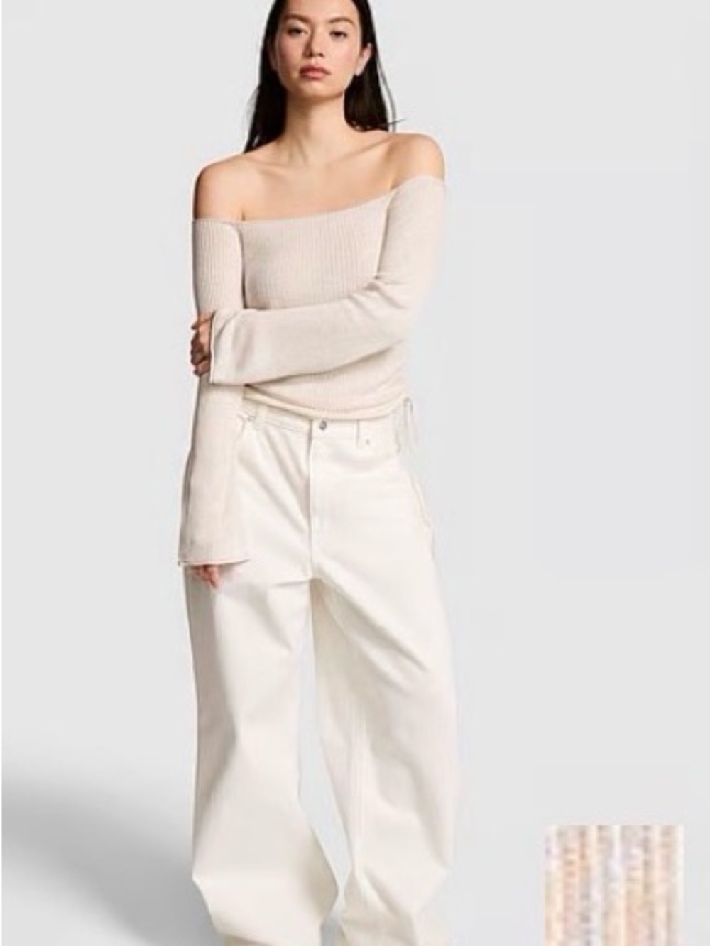 Off-Shoulder Ribbed Sweater - Cream pink Victoria Secret L NWT roughed sides